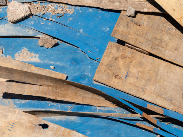 compensato, dipinto di blu, rotto, macchiato e abbandonato, paquetá, rio de janeiro, brasile - tree removing house damaged foto e immagini stock