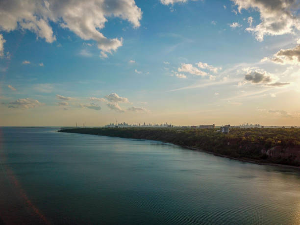 istock Toronto shore cliffs with lake，The background is Toronto 1250313059