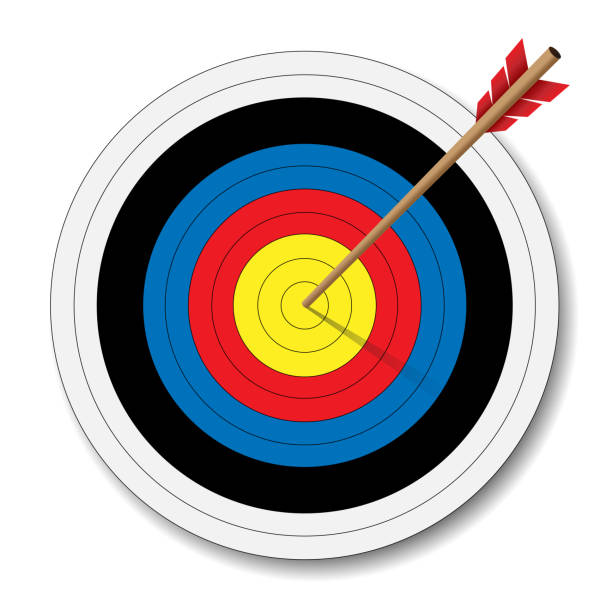 ilustrações de stock, clip art, desenhos animados e ícones de archery target with arrow in bulls eye - target sport target target shooting bulls eye