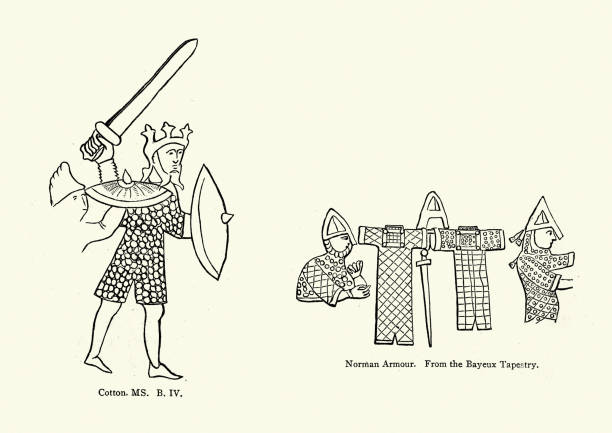 łańcuszek z xi wieku, król anglosaski - tkanina z bayeux stock illustrations