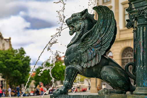 Fragment of Lion of Leopoldsbrunnen fountain on Graben Street in Old city center in Vienna in Austria. Wien in Europe. Travel and tourism view. Building architecture landmark. Austrian town history.