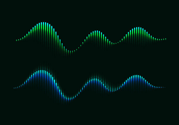 두 개의 다채로운 현대 이퀄라이저. 오로라 보리얼리스 벡터 일러스트레이션. 음악 파도 개념 기호. - abstract communication wave pattern striped stock illustrations
