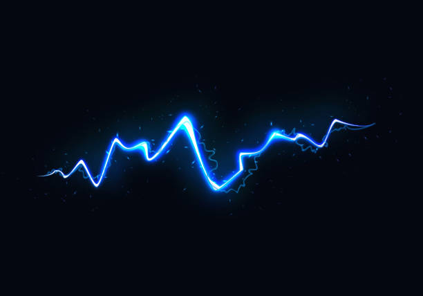 wektor ilustracja abstrakcyjnego niebieskiego błyskawicy na czarnym tle. power energy charge thunder shock - blue plasma flash stock illustrations