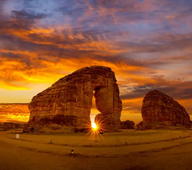 Photo of Elephant rock outcrop geological formation at Sunset near Al Ula, Saudi Arabia