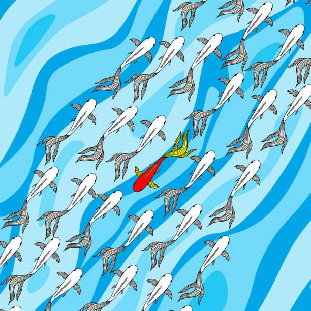 Swim against the tide - one fish is swimming in another direction - symbol for courage, individuality, method of recruitment, loneliness or different lifestyle. Hand drawn illustration. Top view Swim against the tide - one fish is swimming in another direction - symbol for courage, individuality, method of recruitment, loneliness or different lifestyle. Hand drawn illustration. Top view. upstream stock illustrations