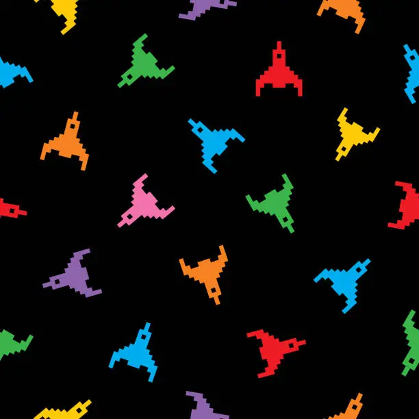 Vector illustration of Colorful Pixel Rockets Seamless Pattern