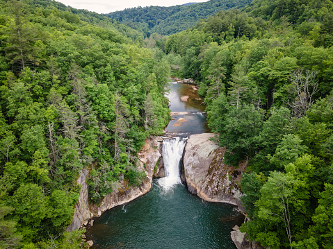 Aerial view of Elk River Falls in the Pisgah National Forest in western North Carolina in the summer.