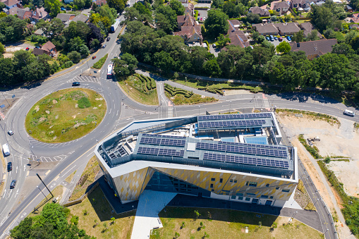 Aerial photo of the Bournemouth University, Talbot Campus buildings from above showing the Arts University Bournemouth, the Student Village, Fusion Building, Medical Centre