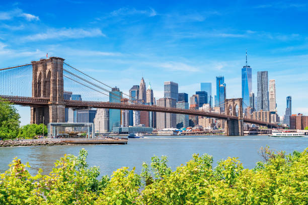 Brooklyn Bridge and skyline New York City USA Manhattan The Brooklyn Bridge and the skyline of New York City USA as seen form Brooklyn, across the East River, on a sunny summer day. international landmark stock pictures, royalty-free photos & images