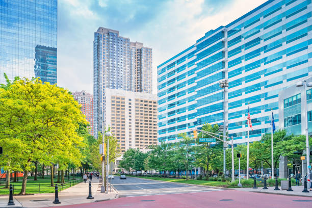 Newport Jersey City New Jersey USA Washington Street in Newport, Jersey City, New Jersey on a sunny day. jersey city stock pictures, royalty-free photos & images