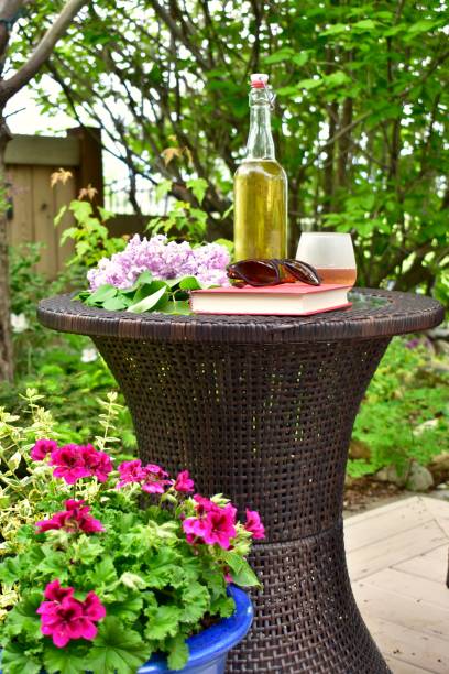 istock Outdoor patio and deck setting with relaxing mindful beverage for enjoying the warm summer afternoon in a gorgeously landscaped small backyard garden 1250327736