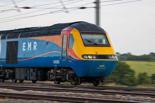 St Albans, UK - June 08, 2020: Fast passenger train travelling on East Midlands Railway near to the city of St Albans.