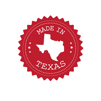 Vector flat round retro red logo with Texas map silhouette and made in Texas text isolated on white background