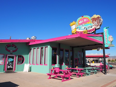 On the mythic route 66, tourists can stop to rest in the vintage diner Mr D'z in Kingman in Arizon in July 2019
