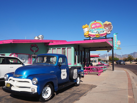 On the mythic route 66, tourists can stop to rest in the vintage diner Mr D'z in Kingman in Arizon in July 2019