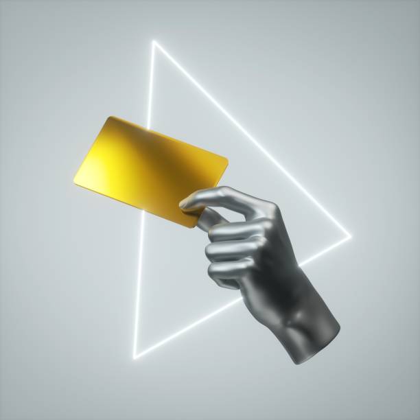 istock 3d render, silver mannequin hand holds blank golden card or ticket isolated on gray background, glowing neon light triangular shape. Payment transaction metaphor. Modern minimal mockup with copy space 1250334063