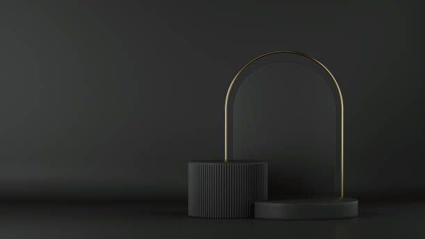 istock 3d render, abstract minimalist black background. Empty cylinder podium, vacant pedestal, round stage, showcase stand, product display, golden arc, expo platform. Copy space. Modern premium design 1250334069