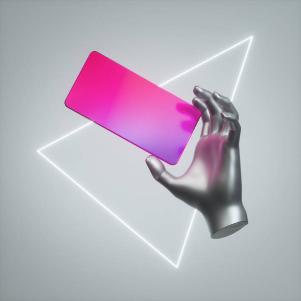 3d render silver hand holds pink metallic smart phone, blank card mockup. Electronic device isolated on grey background, white neon light triangular geometric shape. Virtual futuristic technology