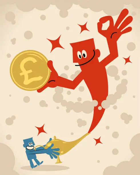 Vector illustration of Smiling businessman is rubbing his magic lamp and then this giant genie that is holding a Pound sign British currency and gesturing OK (or number 3) hand sign is coming out