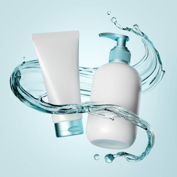 istock 3d render white cosmetic bottles inside water splash levitate, isolated objects, dispenser container for liquid soap and cream tube, beauty banner template, blank package mockup for skin care products 1250335741