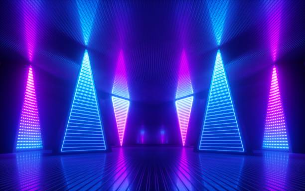 istock 3d render, abstract minimal geometric background. Glowing neon lines. Tunnel, corridor, stage illumination, fashion podium. Blank rectangular frame with copy space 1250335769