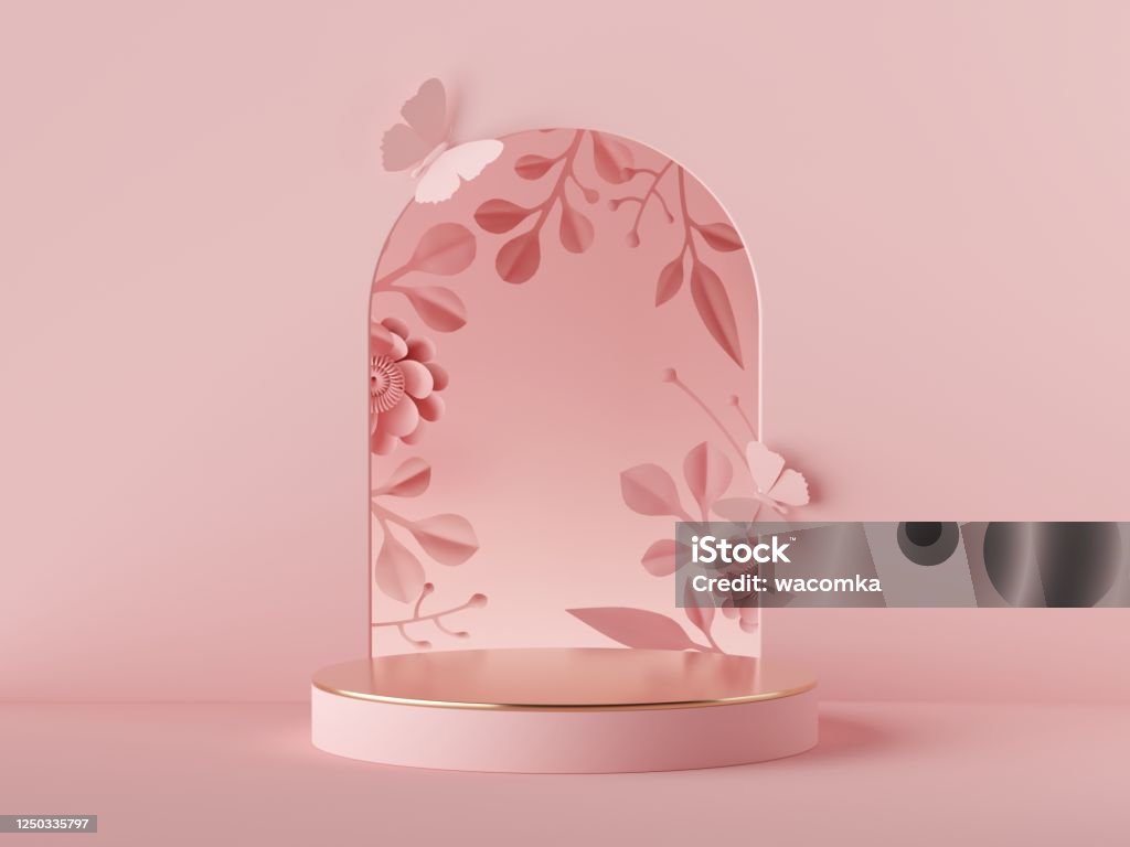 3d render abstract pink background. Floral arch and paper flowers, modern fashion design. Shop showcase product display, empty podium, vacant pedestal, round stage. Blank poster mockup with copy space Pink Color Stock Photo