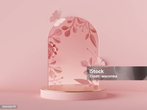 3d Render Abstract Pink Background Floral Arch And Paper Flowers Modern Fashion Design Shop Showcase Product Display Empty Podium Vacant Pedestal Round Stage Blank Poster Mockup With Copy Space Stock Photo - Download Image Now