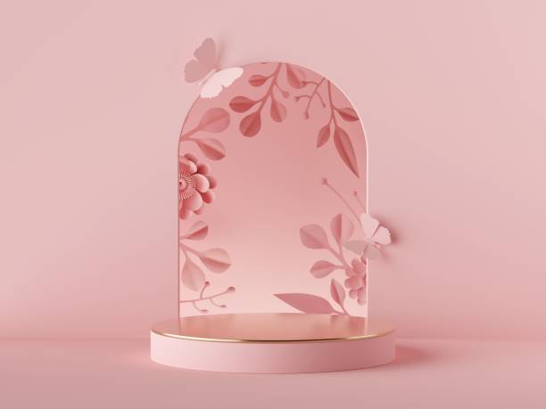 3d render abstract pink background. floral arch and paper flowers, modern fashion design. shop showcase product display, empty podium, vacant pedestal, round stage. blank poster mockup with copy space - horticulture butterfly plant flower imagens e fotografias de stock