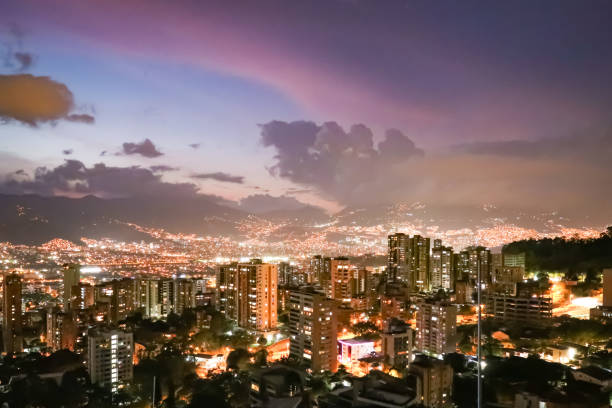 Sunset in the valley of the Andes mountains overlooking Medellin