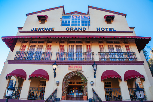 Jerome, USA - February 4, 2013: Jerome Grand Hotel is an old hospital, and now a hotel in the quaint town of Jerome in Arizona, USA