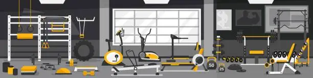 Vector illustration of Gym zoning concept. Gym of fitness center interior design in cartoon style with gym, weights equipment and Elliptical Machine Cross Trainer, Treadmill, Rowing Machine and Bike. Vector Gym Equipment set.