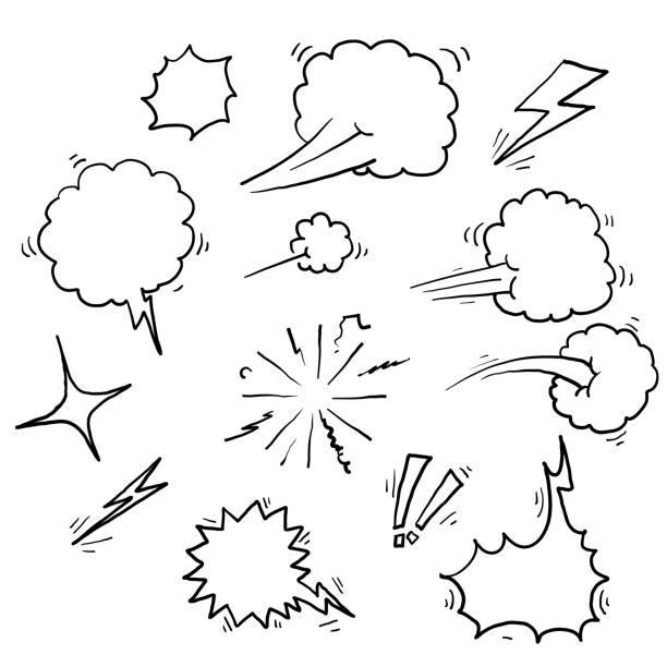 ilustrações de stock, clip art, desenhos animados e ícones de hand drawn doodle element collection. bubble speech, boom, wow.doodle style vector - clear sky flash