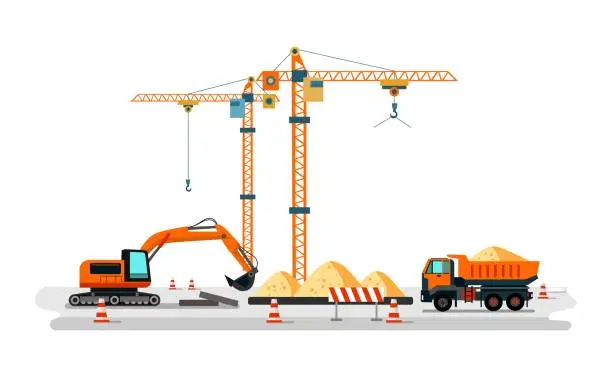 Vector illustration of Construction heavy machines on building site
