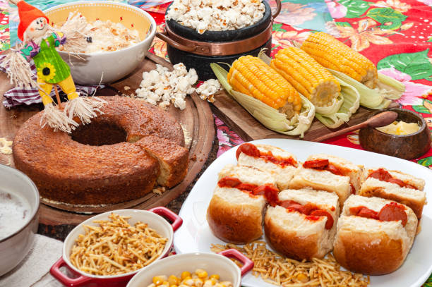 brazilian typical food decorated table with typical brazilian food, often served at 'june parties' french overseas territory photos stock pictures, royalty-free photos & images