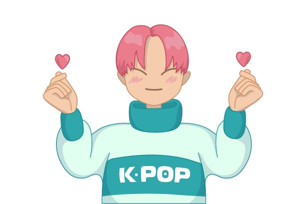 k-pop love sign happy cheerful teen boy showing heart shaped sign with fingers. k-pop south korean popular music icon. asian idol singer. kpop army fan group. Isolated vector illustration on white. k pop stock illustrations