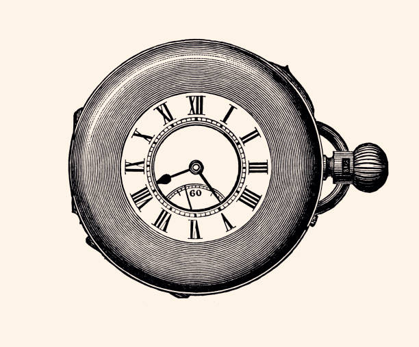 ilustrações, clipart, desenhos animados e ícones de relógio de bolso (xxxl) - engraved image gear old fashioned machine part