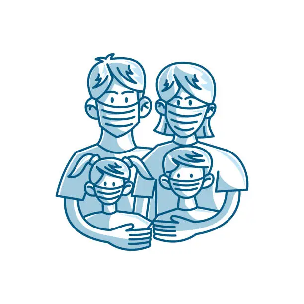 Vector illustration of Parents and children wearing protective medical mask
