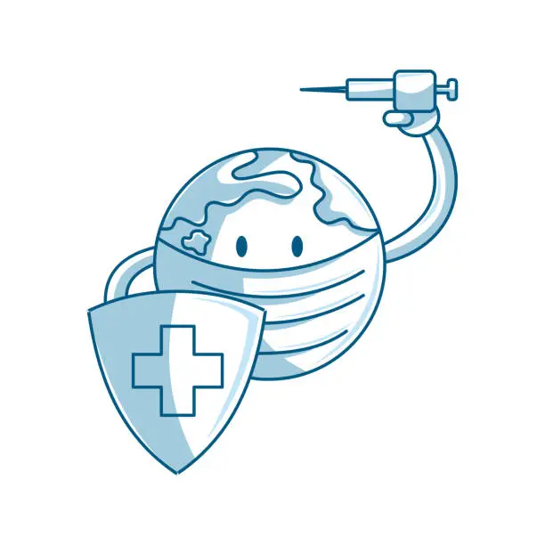 Vector illustration of Earth in protective mask holding shield Vaccine syringe