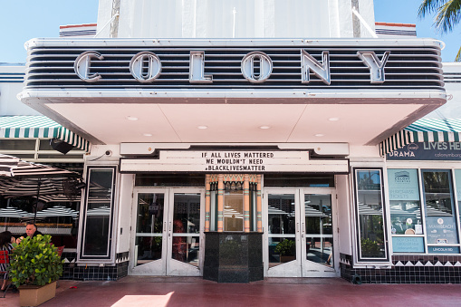 June 16, 2020 - Miami Beach, FL USA - The Colony Theare on Lincoln Road Mall displays text that reads \