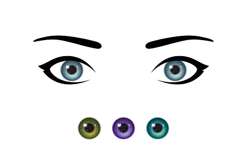 Stylized beautiful woman's eyes and realistic irises, set of irises of natural and unnatural colors. Design for ophthalmology service. Concept of healthy eyes and beauty trends