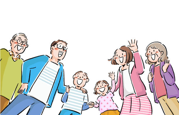 illustrazioni stock, clip art, cartoni animati e icone di tendenza di illustrazione ad angolo basso di una famiglia di tre generazioni. - multi generation family illustrations