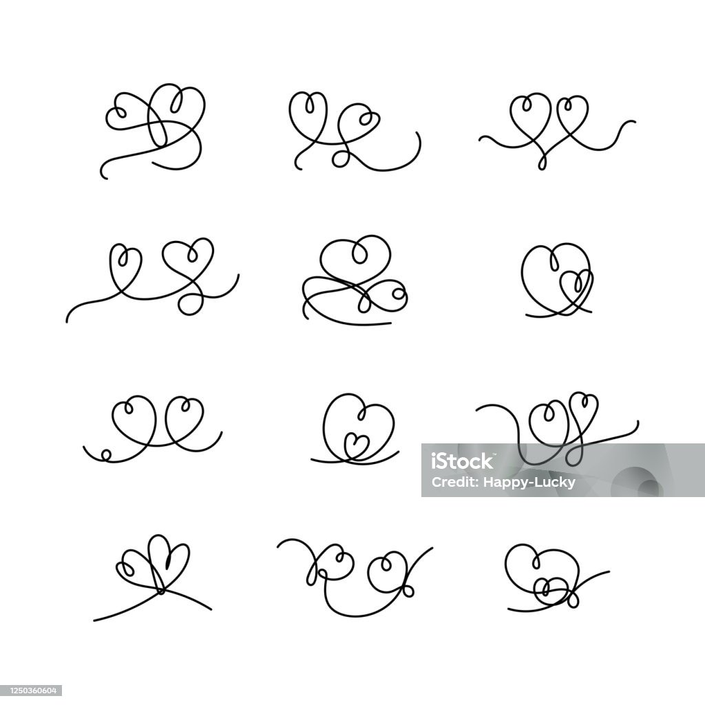 Seperangkat garis menggambar hati hitam. Koleksi coretan dua hati. Ilustrasi vektor. - Bebas Royalti Bentuk vektor stok Seperangkat garis menggambar hati hitam. Koleksi coretan dua hati. Ilustrasi vektor. - Bebas Royalti Bentuk vektor stok