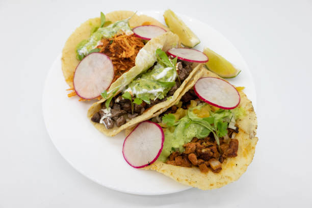 istock Three Tacos with Limes on a White Plate with a White Background 1250362506