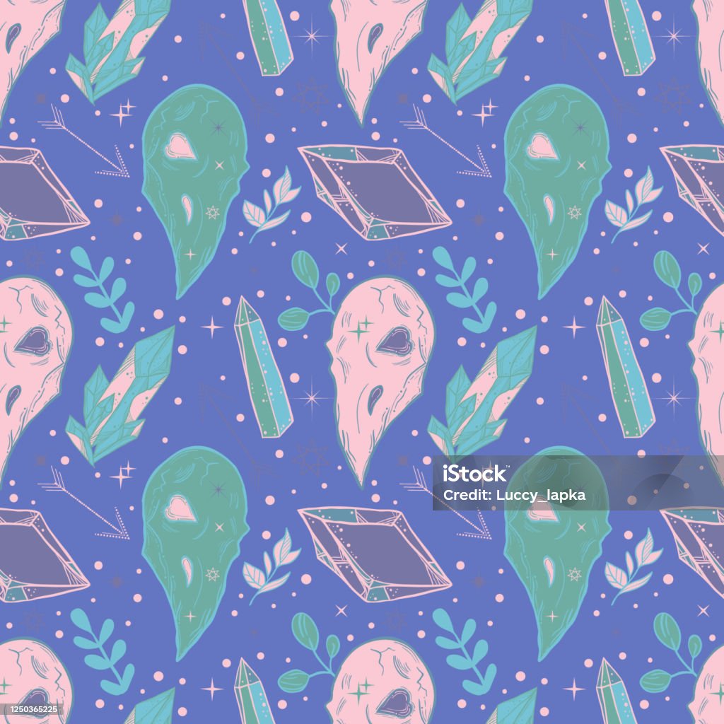Bohemian Tattoo Art Style Seamless Pattern With Birds Skull And Floral  Background With Crystal Gems Witchcraft Fantasy Print Stock Illustration -  Download Image Now - iStock