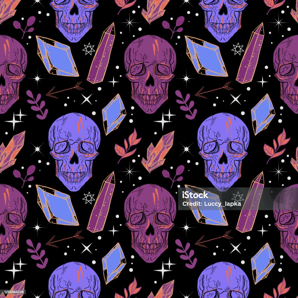 Bohemian Tattoo Art Style Seamless Pattern With Humans Skull And Floral  Background With Crystal Gems Witchcraft Fantasy Print Stock Illustration -  Download Image Now - iStock