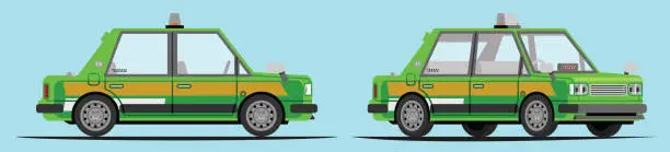 Vector illustration of Simple green taxi with left hand drive, side view and 3/4 view