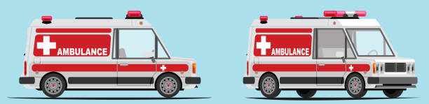 ilustrações de stock, clip art, desenhos animados e ícones de ambulance car with side view and 3/4 view - travel healthcare and medicine emergency services urgency