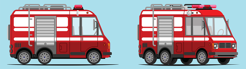 Small fire engine, small fire truck, with side view and 3/4 view