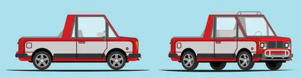 Vector illustration of Simple pick-up truck with side view and 3/4 view