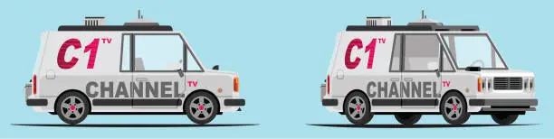 Vector illustration of TV station relay van with side view and 3/4 view